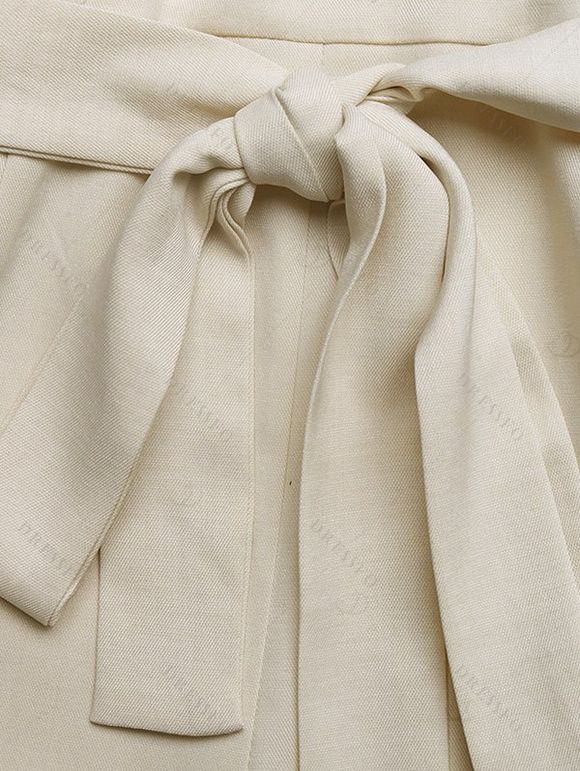 Bohemian Couple Outfit Layered Flounce Skew Neck Belt Wide Leg Jumpsuit and Leaf Scroll Print Shirt Set - café lumière S | US 4