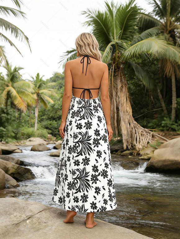 Bohemian Vacation Dress Floral Leaf Ethnic Print Spaghetti Strap Maxi Boho Dress - Noir L | US 8-10