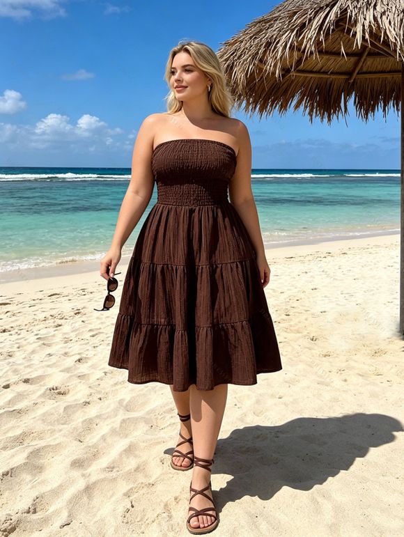 Robe élégante de vacances unie à épaules dénudées et smocks, style vintage, mini-robe - Café profond XL | US 10