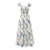 Robe de vacances pour la plage, style vintage, imprimé botanique bicolore, manches évasées smockées, col carré - Blanc S | US 4