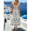 Robe de vacances pour la plage, style vintage, imprimé botanique bicolore, manches évasées smockées, col carré - Blanc S | US 4