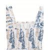 Robe de vacances pour la plage, style vintage, imprimé botanique bicolore, manches évasées smockées, col carré - Blanc S | US 4