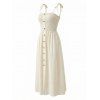 Robe de vacances pour la plage, couleur unie, smocks, faux boutons, épaules nouées, coupe trapèze - Beige S | US 4