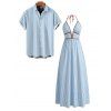 Beach Vacation Couple Outfit Colorblock Striped Print Cut Out Maxi Halter Dress and Shirt Set - Bleu clair S | US 4