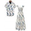 Vacation Couple Outfit for Beach Botanical Print Smocked Flare Sleeve Dress and Shirt Set - Blanc S | US 4