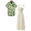 Vacation Couple Outfit for Beach Solid Color Smocked Tied Shoulder Dress and Leaf Print Shirt Set - Beige S | US 4