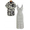 Vacation Couple Outfit Striped Print Twisted Cut Out Slit Bodycon Dress and Leaf Print Shirt Set - Beige S | US 4