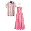 Bohemian Vacation Couple Outfit Geometric Striped Ethnic Print Tassel Slit Halter Dress and Shirt Set - Rose clair S | US 4