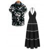 Vintage Vacation Couple Outfit Colorblock Zig Zag Halter Tiered Cake Dress and Abstract Flower Leaf Print Shirt Set - Noir S | US 4