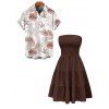 Vacation Couple Outfit Solid Color Smocked Off the Shoulder Dress and Tropical Botanical Leaf Print Shirt Set - marron foncé S | US 4