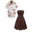 Vacation Couple Outfit Solid Color Smocked Off the Shoulder Dress and Tropical Botanical Leaf Print Shirt Set - marron foncé S | US 4