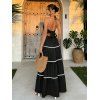 Vintage Vacation Couple Outfit Colorblock Zig Zag Halter Tiered Cake Dress and Abstract Flower Leaf Print Shirt Set - BLACK S | US 4