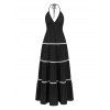Vintage Vacation Couple Outfit Colorblock Zig Zag Halter Tiered Cake Dress and Abstract Flower Leaf Print Shirt Set - BLACK S | US 4