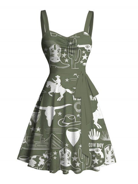 Robe de vacances style cowboy western, motif cactus, lettre, buste froncé, ceinture, col en cœur, ligne A, mini robe cottagecore