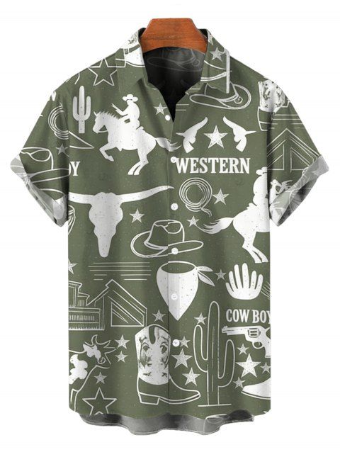 Chemise de vacances pour homme, style cowboy western, motif cactus, lettres, boutonnée, retroussée, manches courtes, style cottagecore