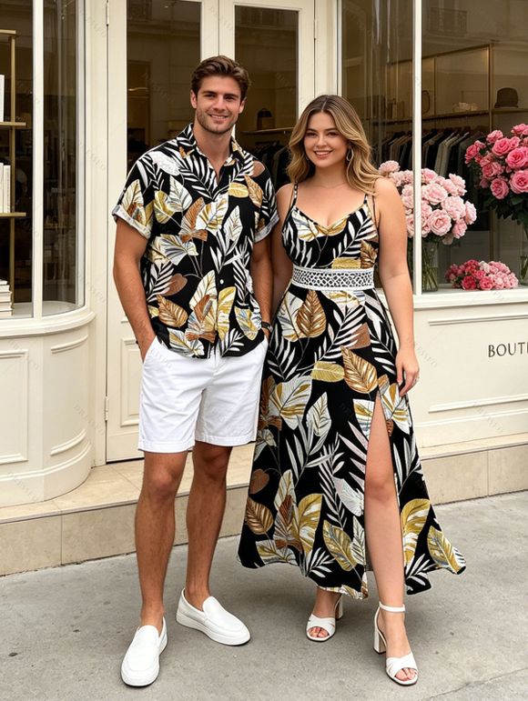 Hawaiian Vacation Couple Outfit Retro Tropical Botanical Leaf Print Lace Hollow Out Slit Dress and Shirt Beach Set - BLACK S | US 4