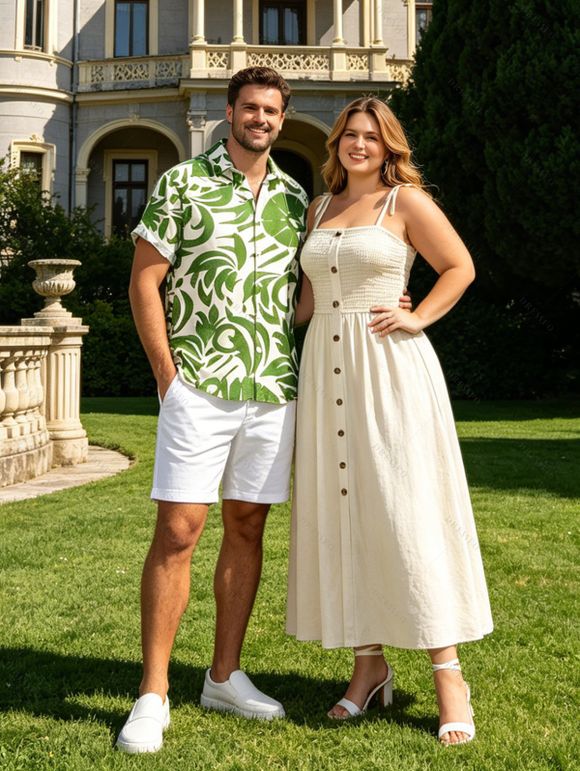 Vacation Couple Outfit for Beach Solid Color Smocked Tied Shoulder Dress and Leaf Print Shirt Set - Beige S | US 4