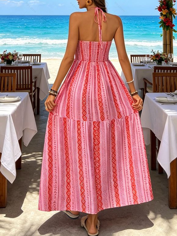 Bohemian Vacation Couple Outfit Geometric Striped Ethnic Print Tassel Slit Halter Dress and Shirt Set - Rose clair S | US 4