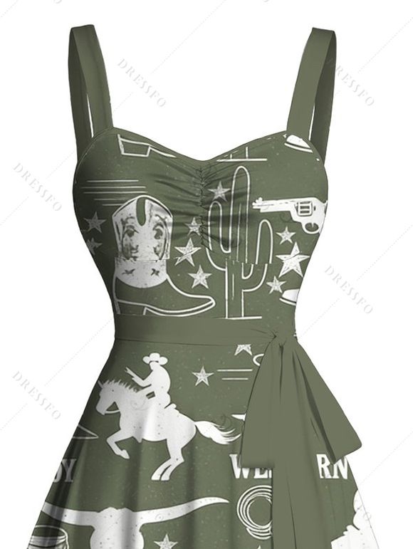 Robe de vacances style cowboy western, motif cactus, lettre, buste froncé, ceinture, col en cœur, ligne A, mini robe cottagecore - Vert profond XXXXXL | US 20