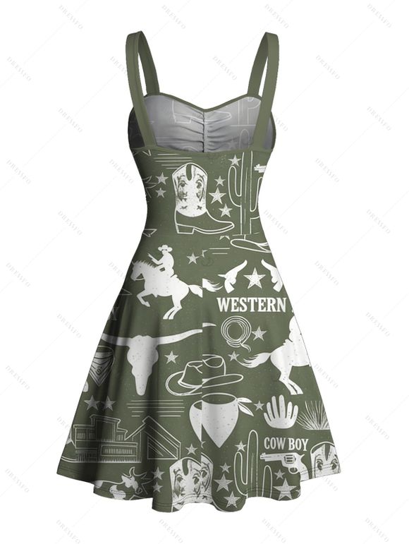 Robe de vacances style cowboy western, motif cactus, lettre, buste froncé, ceinture, col en cœur, ligne A, mini robe cottagecore - Vert profond XXXXXL | US 20