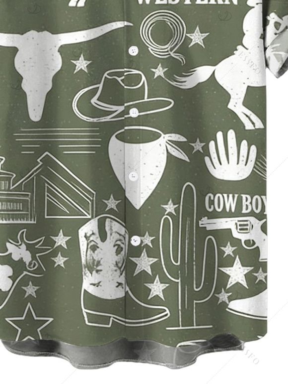 Chemise de vacances pour homme, style cowboy western, motif cactus, lettres, boutonnée, retroussée, manches courtes, style cottagecore - Vert profond 5XL