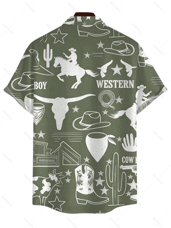 Chemise de vacances pour homme, style cowboy western, motif cactus, lettres, boutonnée, retroussée, manches courtes, style cottagecore - Vert profond 5XL