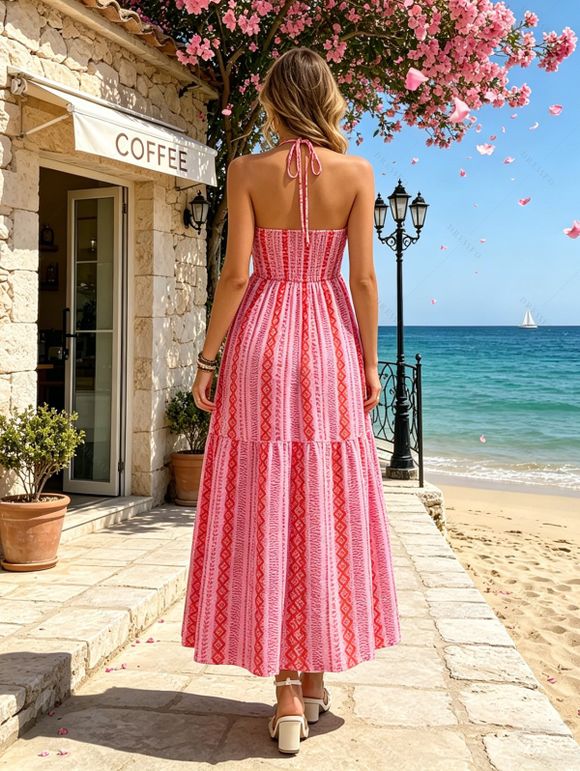 Robe de plage bohème dos nu à imprimé géométrique et fente à franges, idéale pour les vacances. - Rose clair S | US 4