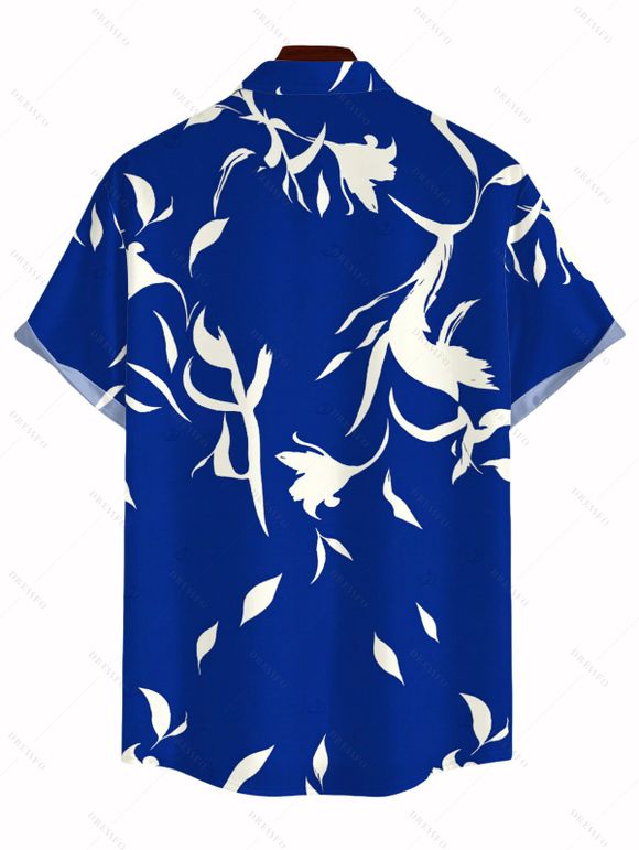 Chemise de vacances pour homme, imprimé floral et silhouette de feuilles, boutonnée - Bleu L