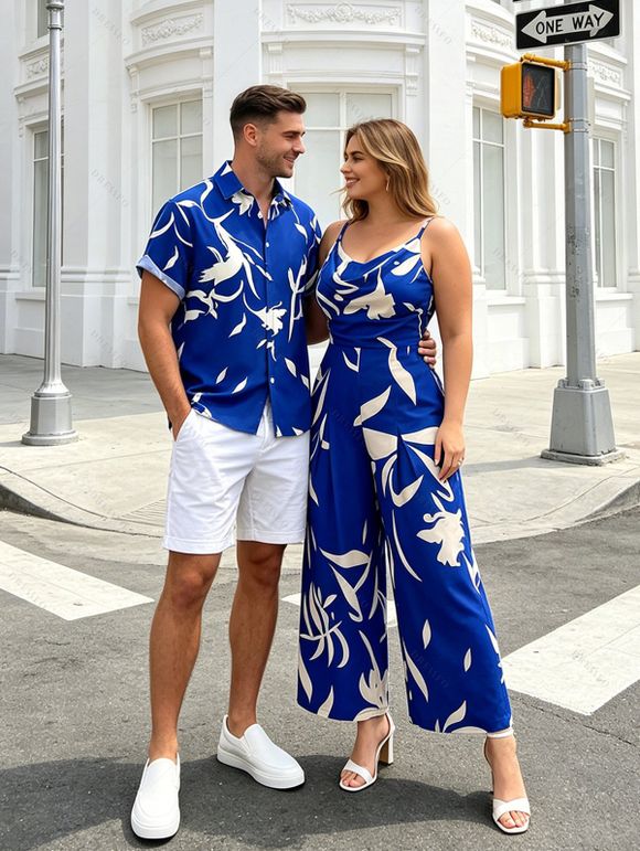 Vacation Couple Outfit Floral Leaf Silhouette Print Draped Spaghetti Strap Jumpsuit and Shirt Set - Bleu S | US 4
