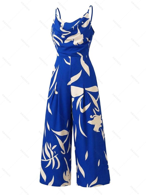 Vacation Couple Outfit Floral Leaf Silhouette Print Draped Spaghetti Strap Jumpsuit and Shirt Set - Bleu S | US 4