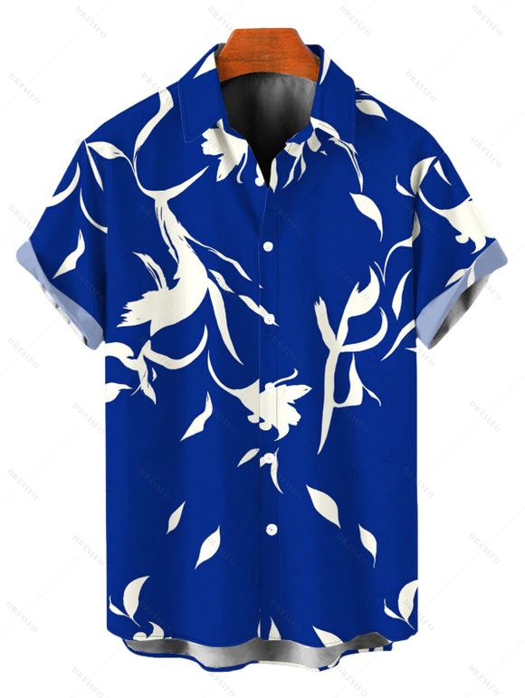 Vacation Couple Outfit Floral Leaf Silhouette Print Draped Spaghetti Strap Jumpsuit and Shirt Set - Bleu S | US 4