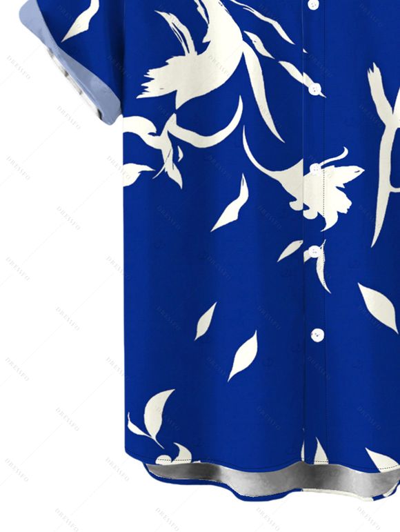 Vacation Couple Outfit Floral Leaf Silhouette Print Draped Spaghetti Strap Jumpsuit and Shirt Set - Bleu S | US 4