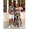 Hawaiian Vacation Couple Outfit Retro Tropical Botanical Leaf Print Lace Hollow Out Slit Dress and Shirt Beach Set - BLACK S | US 4