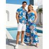 Hawaiian Couple Outfit Colorblock Tropical Monstera Leaf Print Bowknot Pocket Off the Shoulder Jumpsuit and Shirt Set - DENIM BLUE S | US 4
