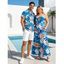 Hawaiian Couple Outfit Colorblock Tropical Monstera Leaf Print Bowknot Pocket Off the Shoulder Jumpsuit and Shirt Set - DENIM BLUE S | US 4