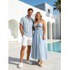 Beach Vacation Couple Outfit Colorblock Striped Print Cut Out Maxi Halter Dress and Shirt Set - Bleu clair S | US 4