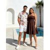 Vacation Couple Outfit Solid Color Smocked Off the Shoulder Dress and Tropical Botanical Leaf Print Shirt Set - marron foncé S | US 4