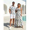 Vacation Couple Outfit for Beach Botanical Print Smocked Flare Sleeve Dress and Shirt Set - Blanc S | US 4