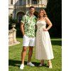 Vacation Couple Outfit for Beach Solid Color Smocked Tied Shoulder Dress and Leaf Print Shirt Set - Beige S | US 4