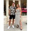 Vacation Couple Outfit Striped Print Twisted Cut Out Slit Bodycon Dress and Leaf Print Shirt Set - Beige S | US 4