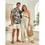 Bohemian Couple Outfit Layered Flounce Skew Neck Belt Wide Leg Jumpsuit and Leaf Scroll Print Shirt Set - café lumière S | US 4