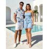 Vacation Couple Outfit Solid Color Smocked Ruffle Off the Shoulder Belt Romper and Tropical Botanical Leaf Print Shirt Set - POWDER BLUE S | US 4