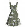 Robe de vacances style cowboy western, motif cactus, lettre, buste froncé, ceinture, col en cœur, ligne A, mini robe cottagecore - Vert profond XXXL | US 16