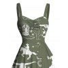 Robe de vacances style cowboy western, motif cactus, lettre, buste froncé, ceinture, col en cœur, ligne A, mini robe cottagecore - Vert profond XXXL | US 16