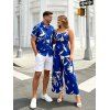 Vacation Couple Outfit Floral Leaf Silhouette Print Draped Spaghetti Strap Jumpsuit and Shirt Set - Bleu S | US 4