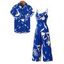Vacation Couple Outfit Floral Leaf Silhouette Print Draped Spaghetti Strap Jumpsuit and Shirt Set - Bleu S | US 4