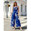 Vacation Couple Outfit Floral Leaf Silhouette Print Draped Spaghetti Strap Jumpsuit and Shirt Set - Bleu S | US 4