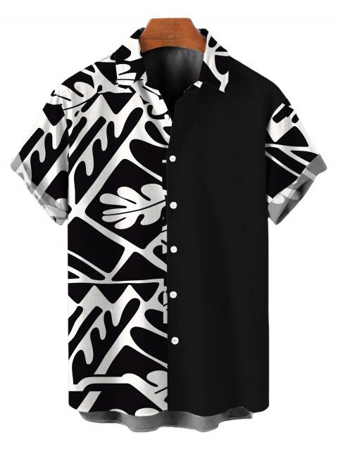 Chemise de vacances vintage pour homme, chemise boutonnée à imprimé géométrique monochrome de feuilles