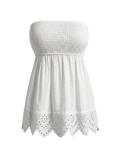 Haut élégant de vacances, couleur unie, smocké, ajouré, épaules dénudées festonnées