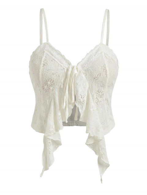 Débardeur court bohème en dentelle florale ajourée, à volants et bretelles spaghetti nouées